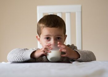 Colour image of a three and a half year old boy sitting at dinner table drinking a glass of whole milk. One of a series.