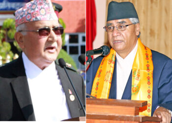 File photo of CPN-UML Chairman KP Sharma Oli (left) and Nepali Congress President Sher Bahadur Deuba. Photos: THT