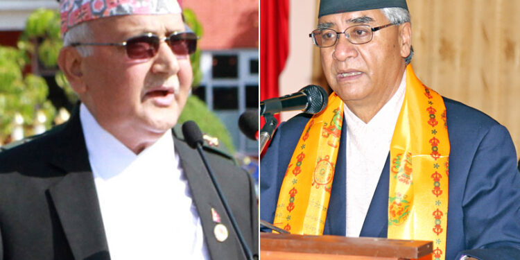 File photo of CPN-UML Chairman KP Sharma Oli (left) and Nepali Congress President Sher Bahadur Deuba. Photos: THT